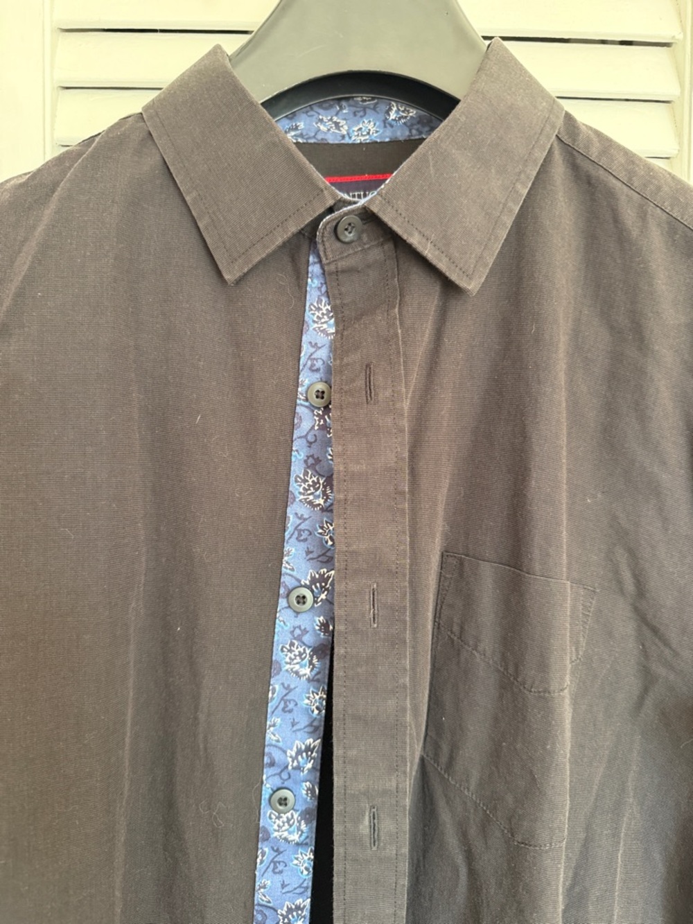Men's Brown Button-Up Shirt with Blue Floral Trim